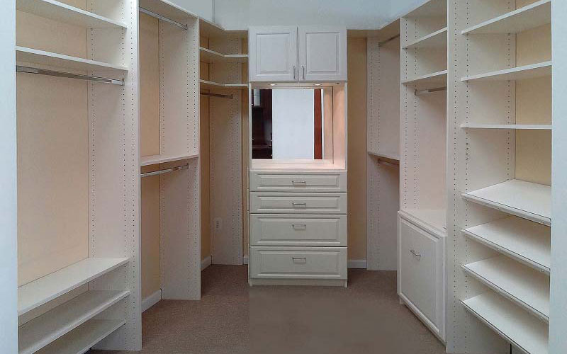 White Walk in Closet with Hanging units,Custom Doors and Drawer Fronts